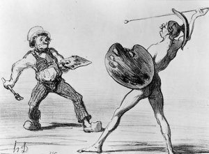 「学校の戦い-理想主義と現実主義」、シリーズ「ファンタジー」のイラスト、1855年4月24日、「Charivari」で公開 作： Honoré Daumier